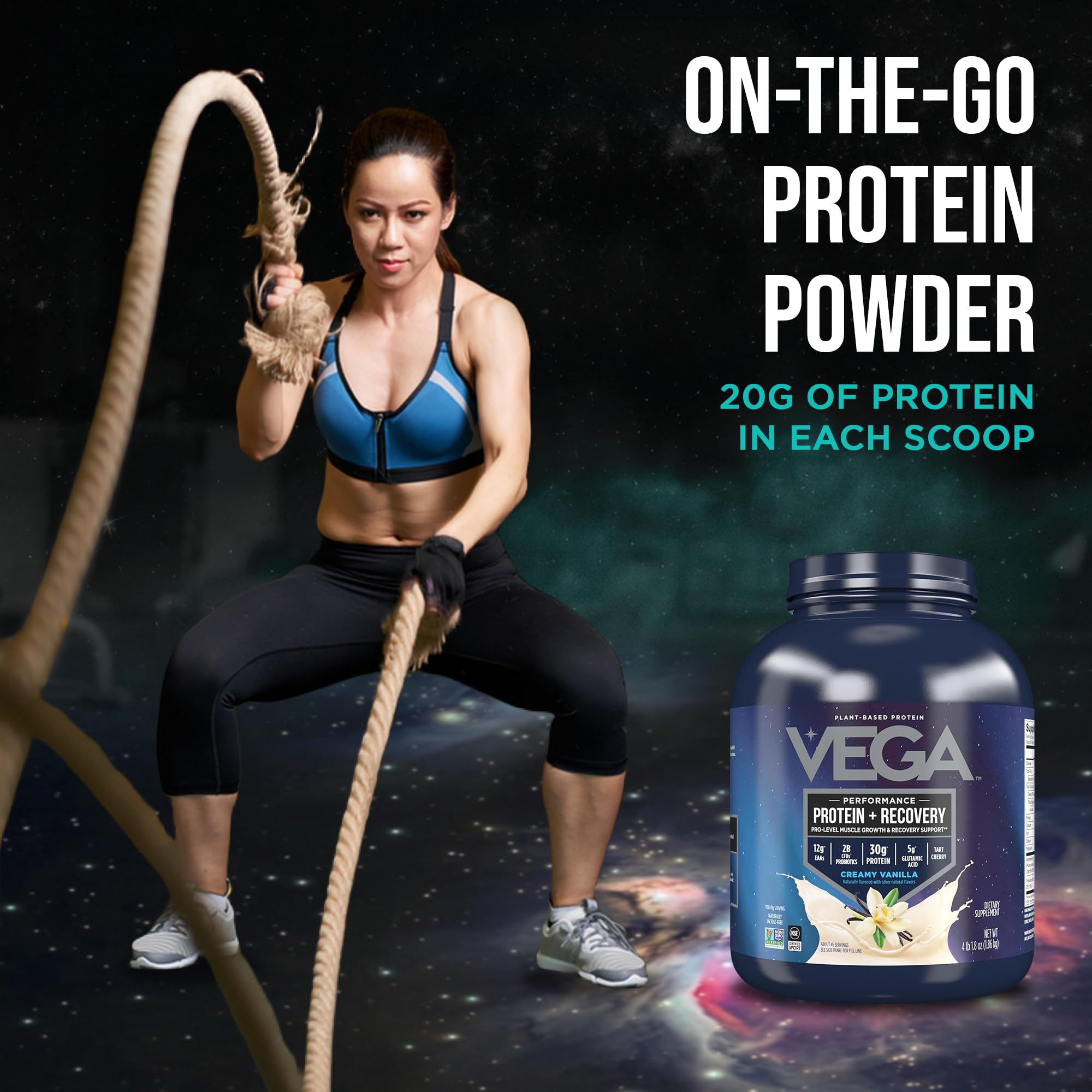 Vega Sport vanilla powder being poured into a blender for quick shakes