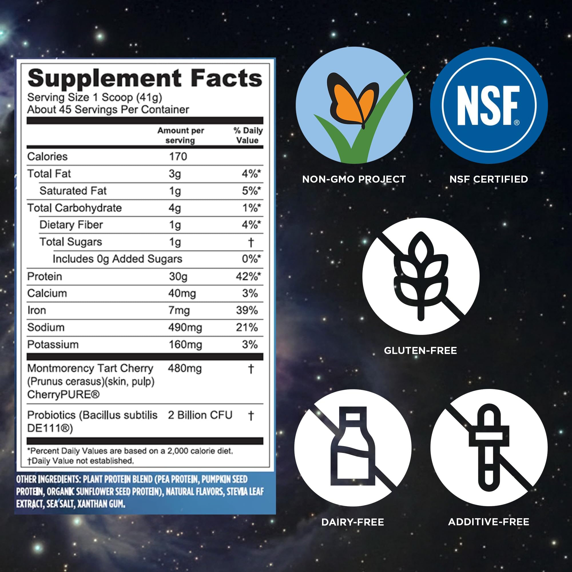 Vega Sport vanilla powder tub highlighting zero sugar and probiotics