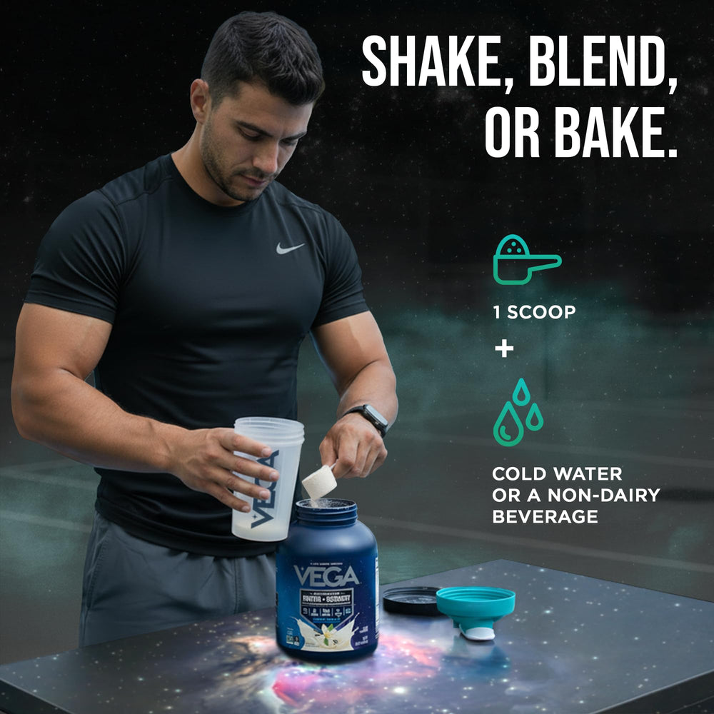 Vega Sport vanilla shaker cup prepared for on-the-go protein