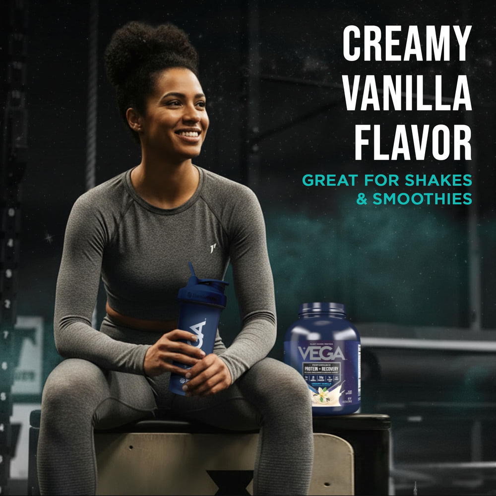 Spoon with Vega Sport vanilla scoop beside a ready-to-blend smoothie