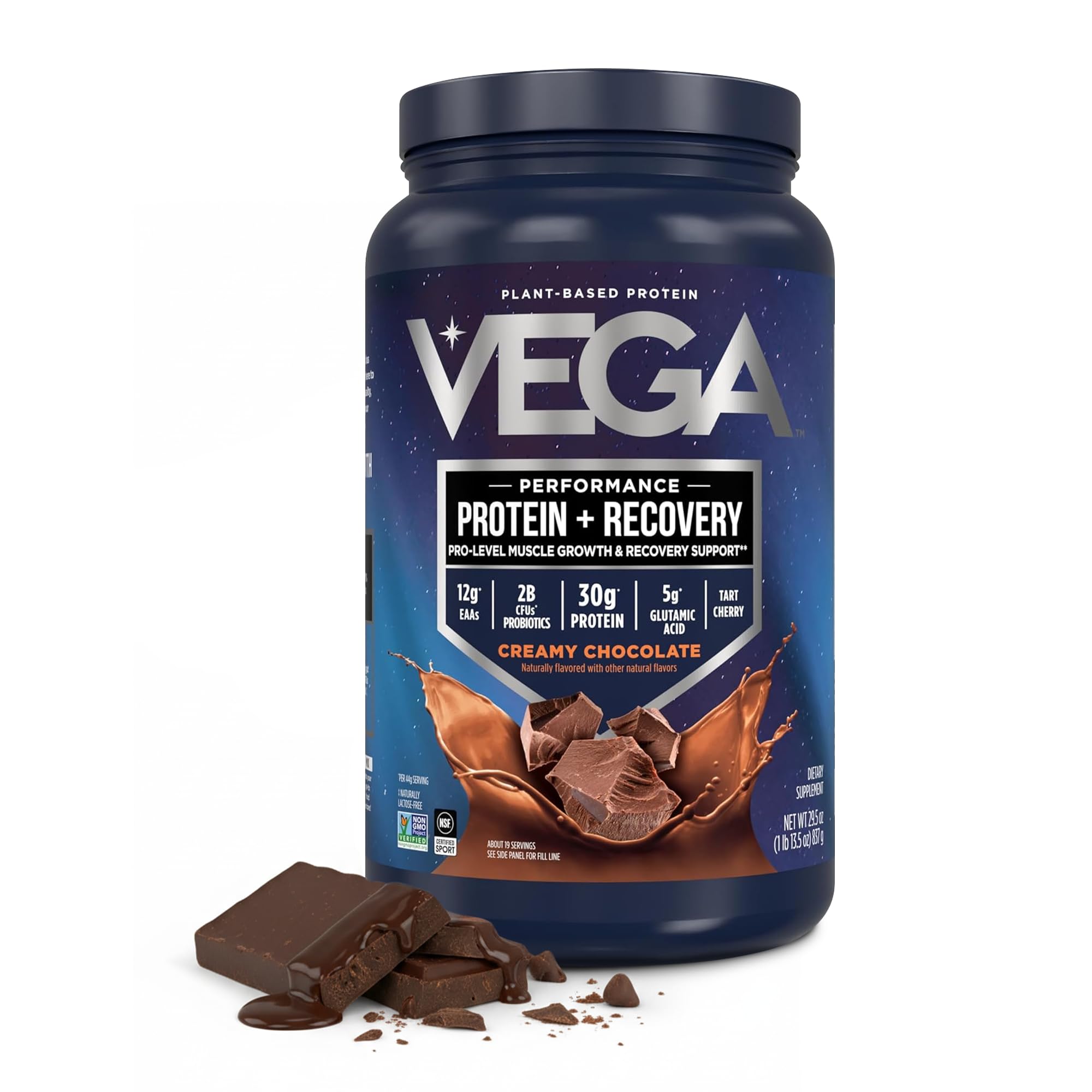 Vega Sport Chocolate protein jar displays rich texture for post-workout shakes