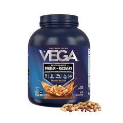 Vega Sport Peanut Butter vegan protein tub highlights plant-based protein for post-workout fueling.
