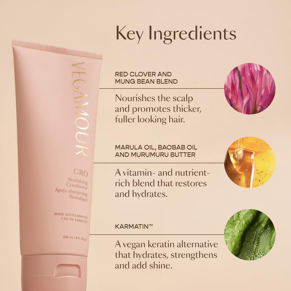 VEGAMOUR GRO Revitalizing Conditioner on counter, compact travel essential.