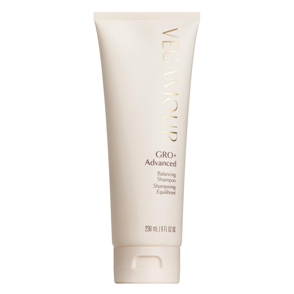 VEGAMOUR GRO+ balanced shampoo bottle on display, nourishing scalp support for thinning hair.
