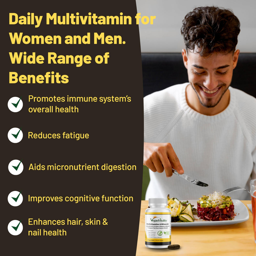 Vegan Vitality high-strength B12, D3 and K2 bottle highlighting essential energy and bone support