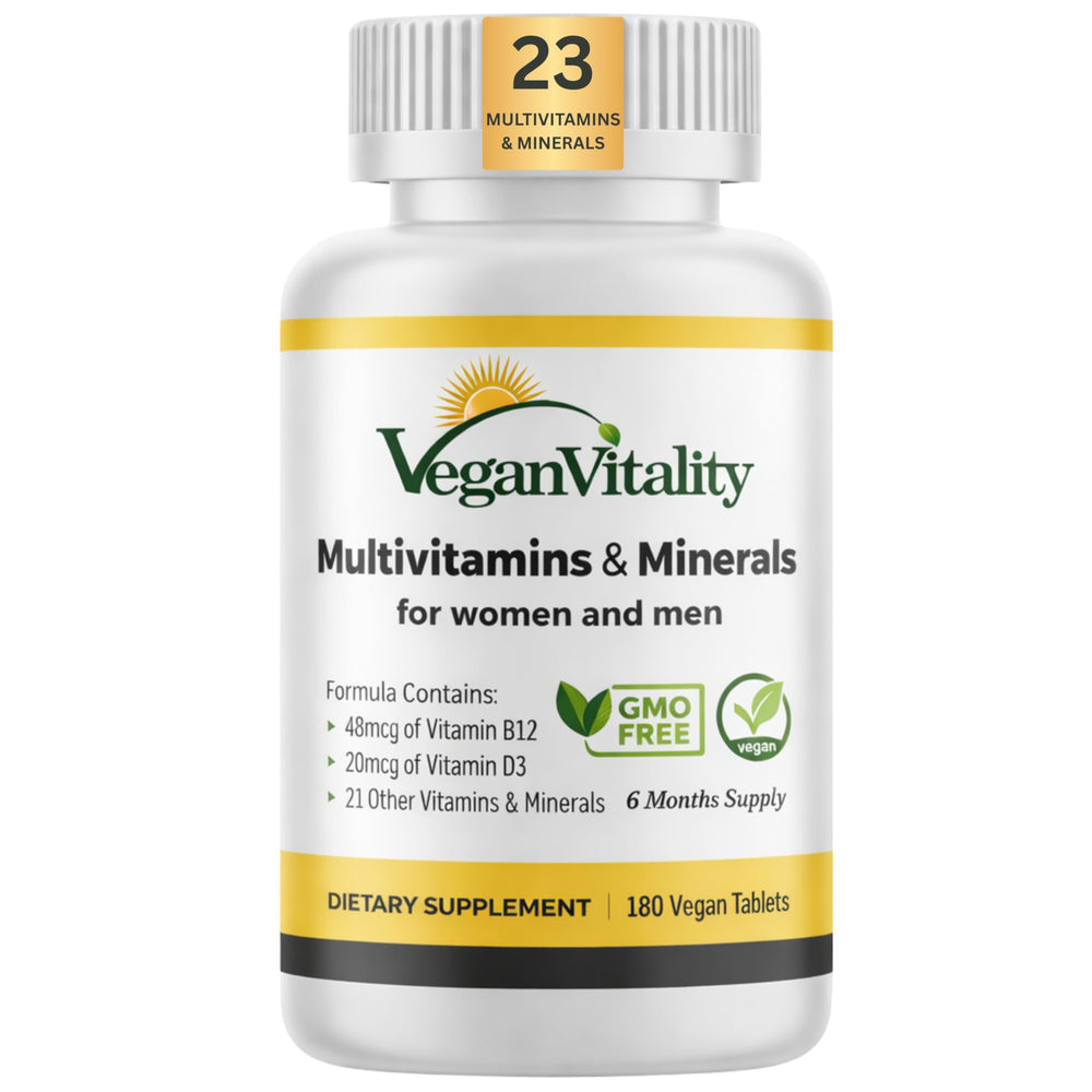 Vegan Vitality multivitamin bottle front showing 180 tablets for six months
