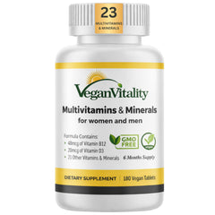 Vegan Vitality multivitamin bottle front showing 180 tablets for six months