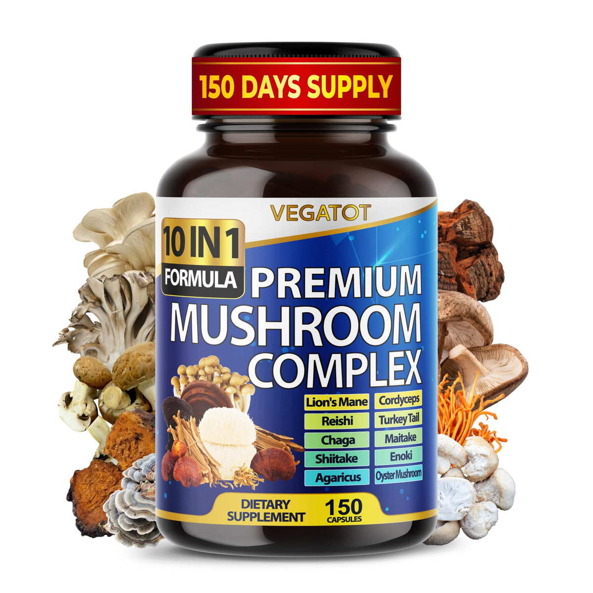 VEGATOT 10-in-1 mushroom supplement bottle front for daily focus