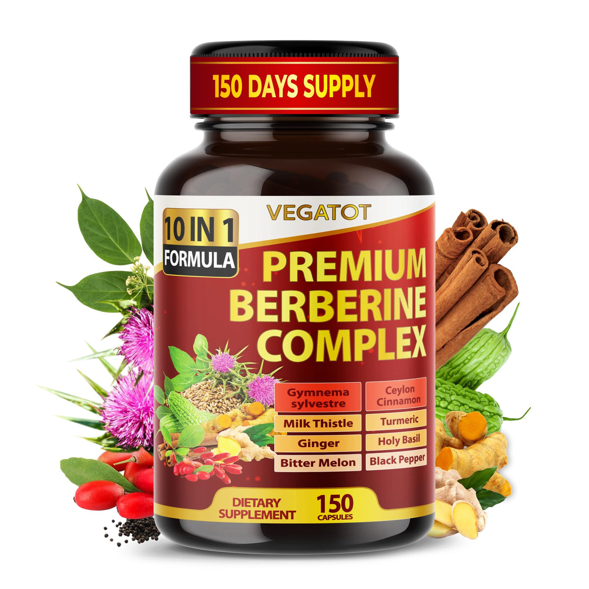 VEGATOT GlucoSavior bottle-front shows premium berberine blend for daily immune and heart wellness.