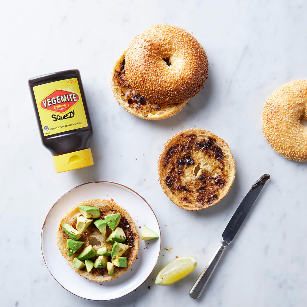 Vegemite Squeezy bottle stored in pantry as a staple.