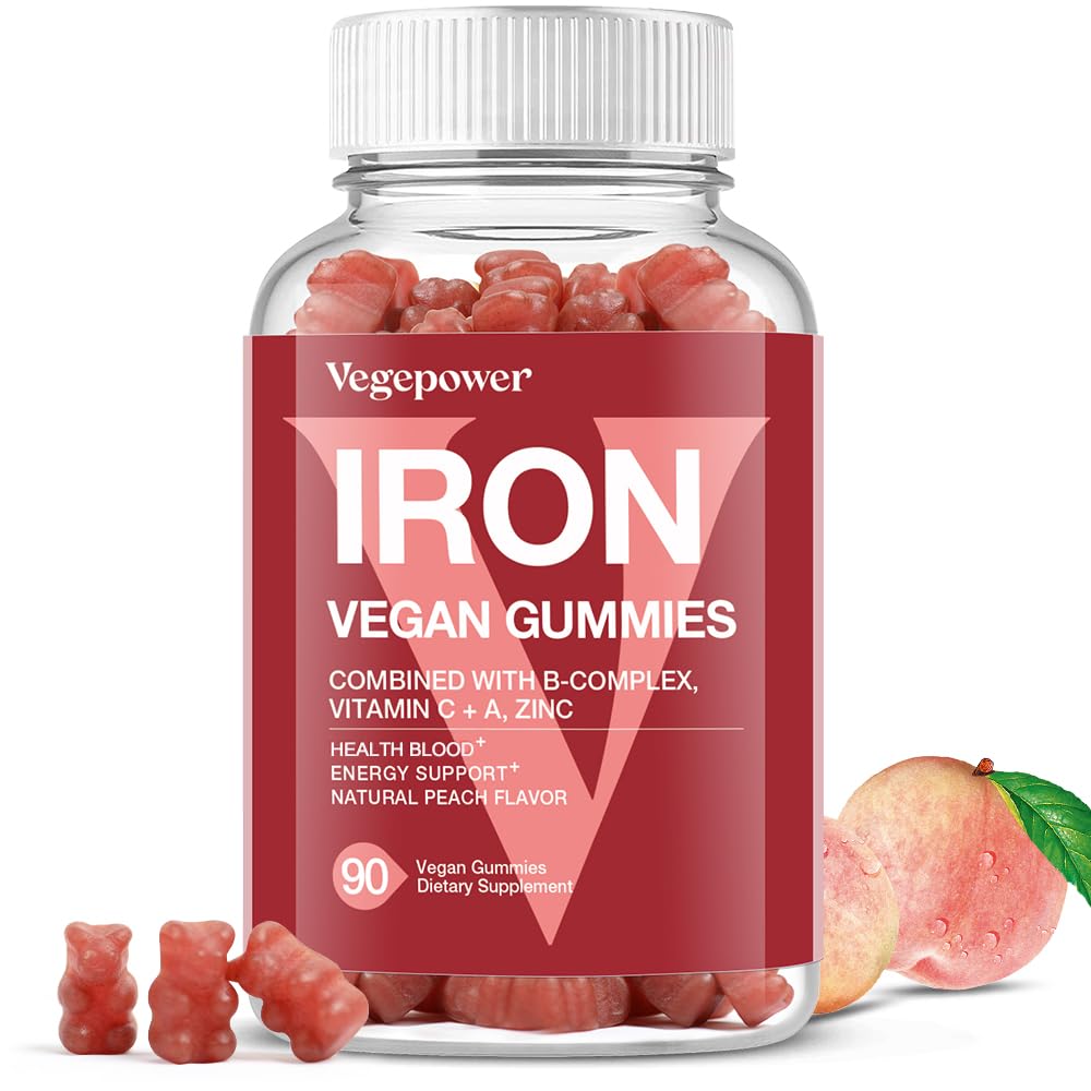 VEGEPOWER Vegan Iron Gummies peach bottle showing the peach-flavored iron supplement for daily use