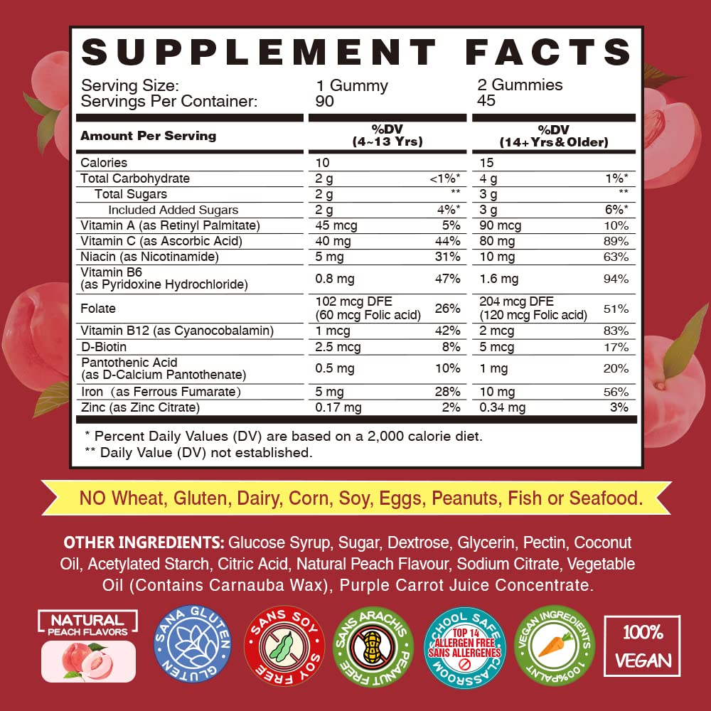 Close-up of VEGEPOWER peach gummies highlighting chewy texture for easy intake
