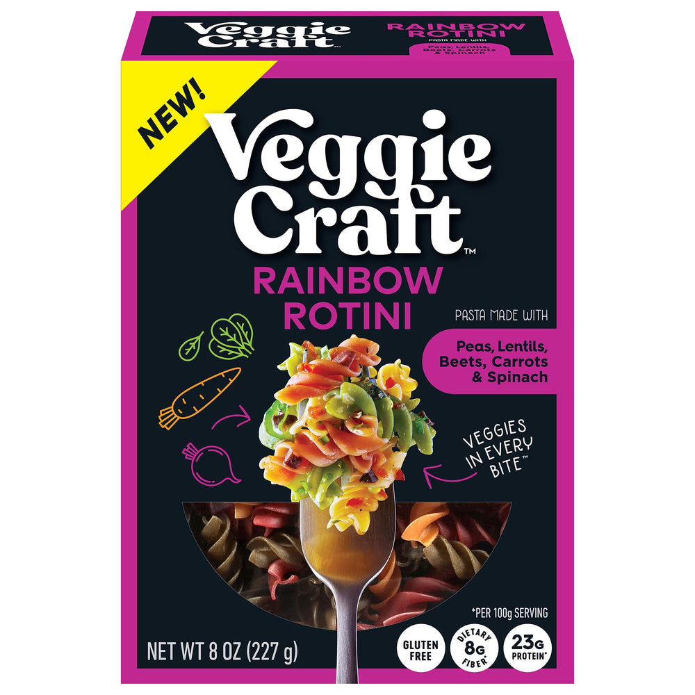 Veggiecraft Farms Rainbow Rotini Pasta pack showing vibrant noodles, gluten-free and protein-rich.