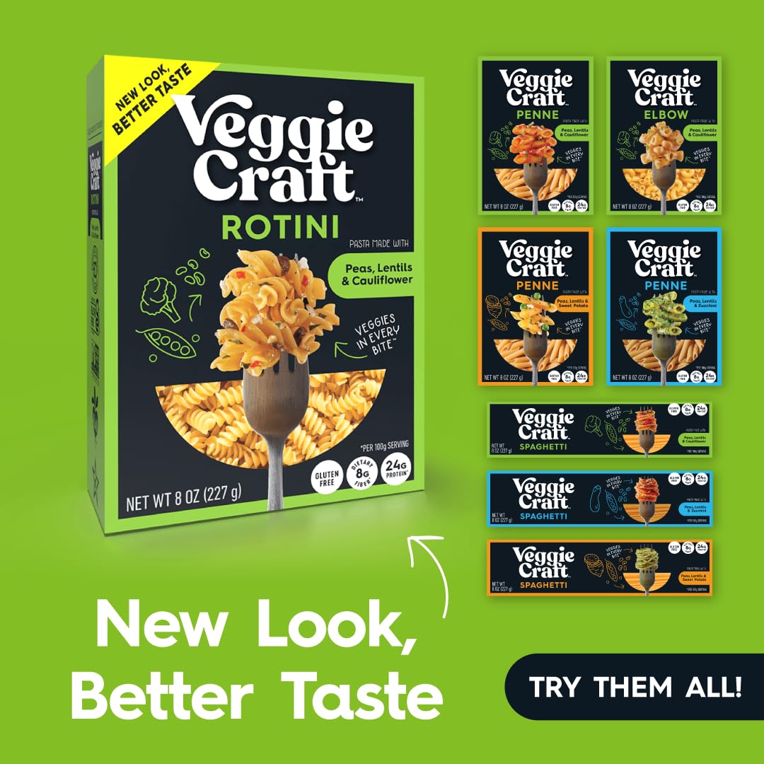 Veggiecraft Farms Rotini nutrition facts panel showing protein and fiber per serving.