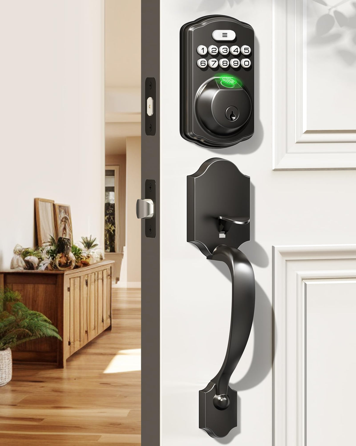 Veise fingerprint door lock set front view matte black with secure keyless entry.