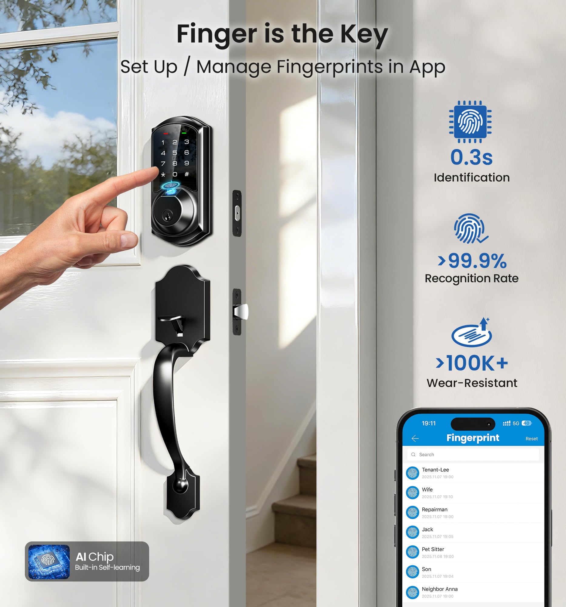 Veise VE07-H fingerprint unlock in about 0.3 seconds for convenient hands-free entry
