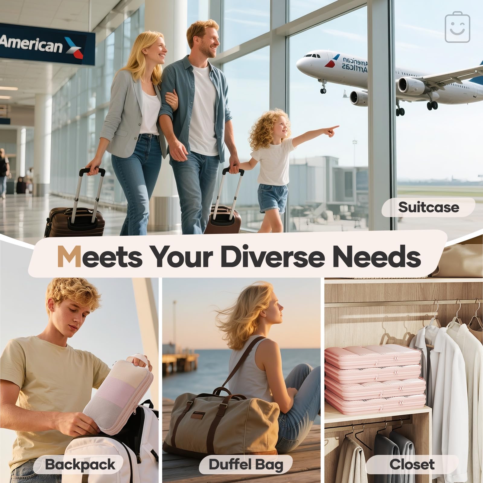 Veken beige packing cubes highlight transparent mesh panel utility.