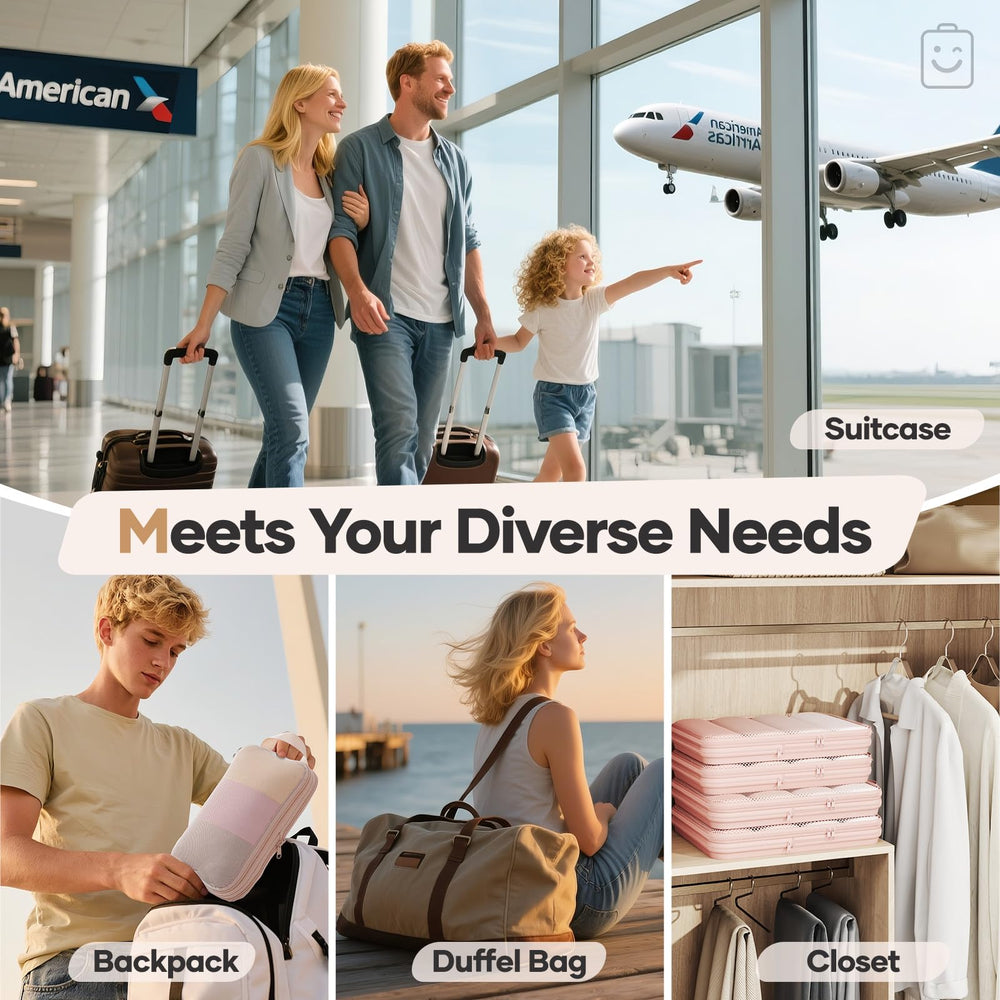 Veken beige packing cubes highlight transparent mesh panel utility.
