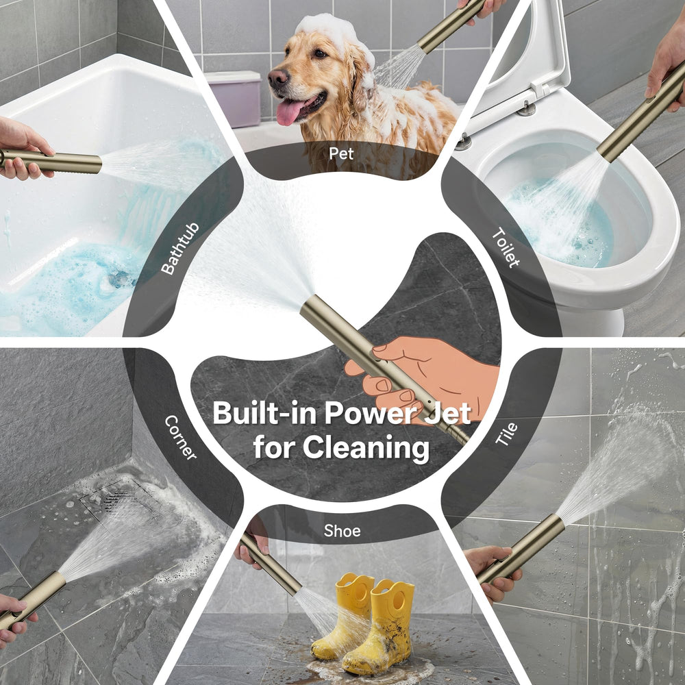 Veken handheld sprayer with power wash jet cleans soap scum from grout