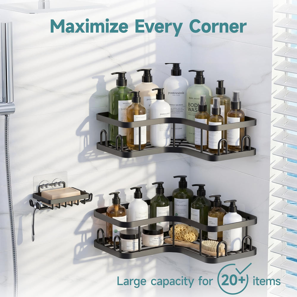 Veken no-drill shower shelves securely hold bottles on smooth surfaces.