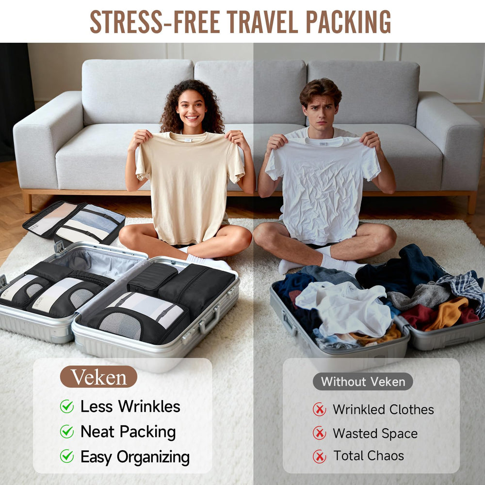 Veken packing cubes in various sizes help sorting items.