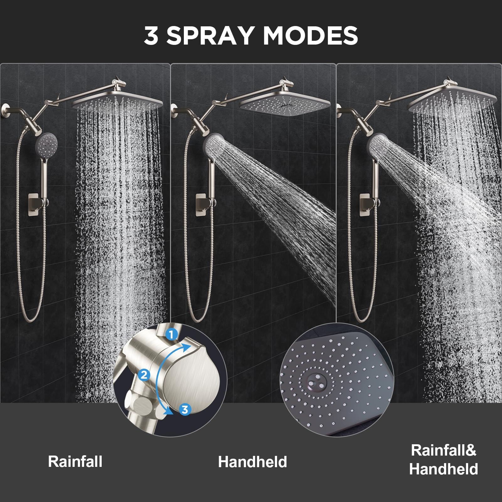 Veken rain and massage modes on the handheld unit for targeted cleansing