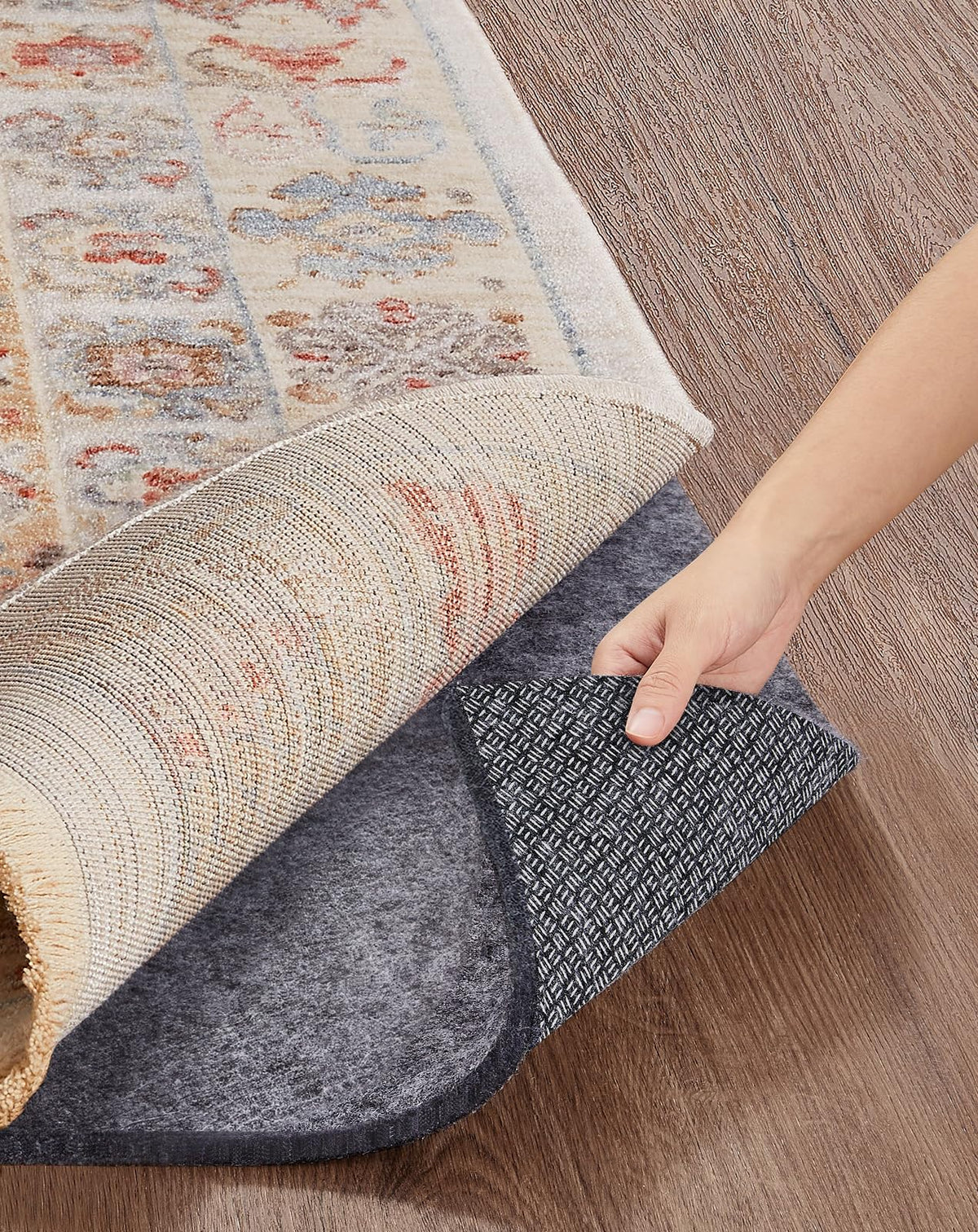 Veken rug pad anti-slip keeps rugs secure on hardwood floors