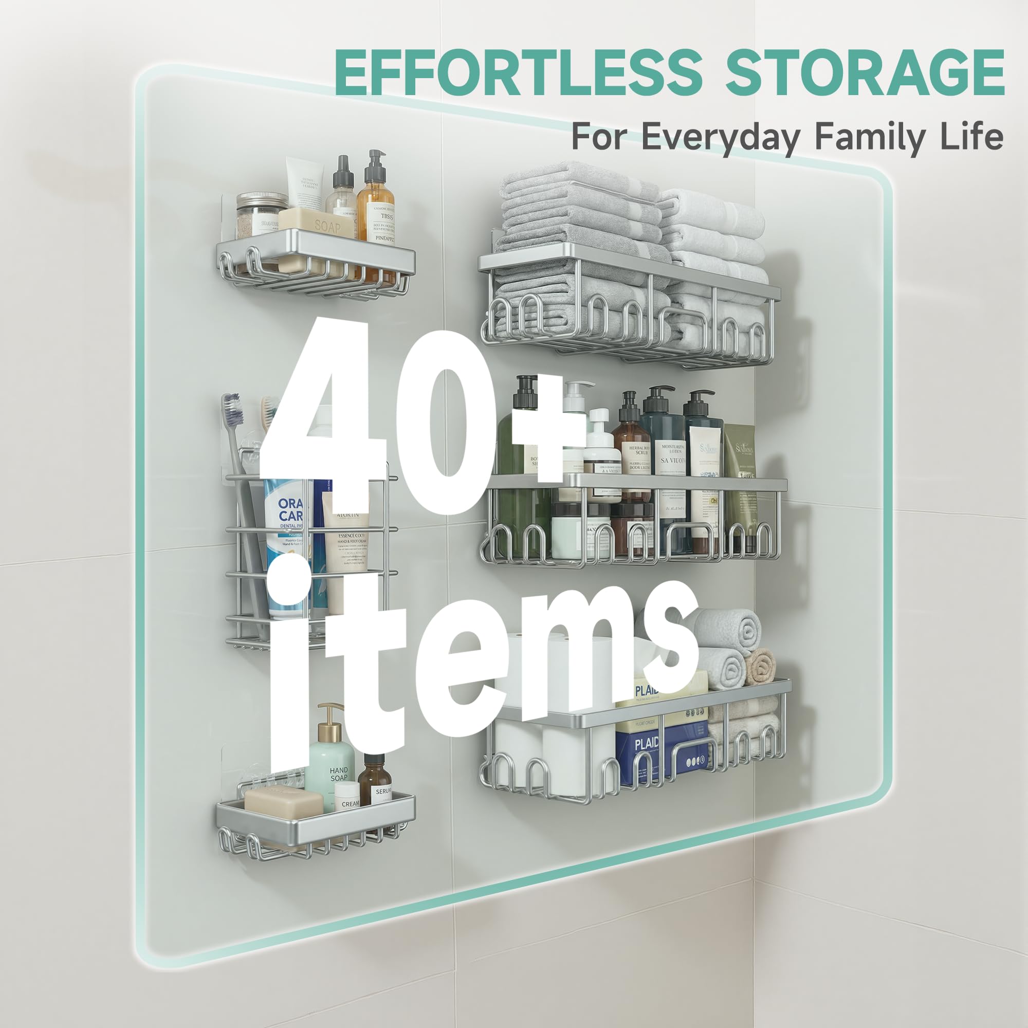 Veken Shower Caddy 6-Pack family-use setup maximizes shared bathroom organization.