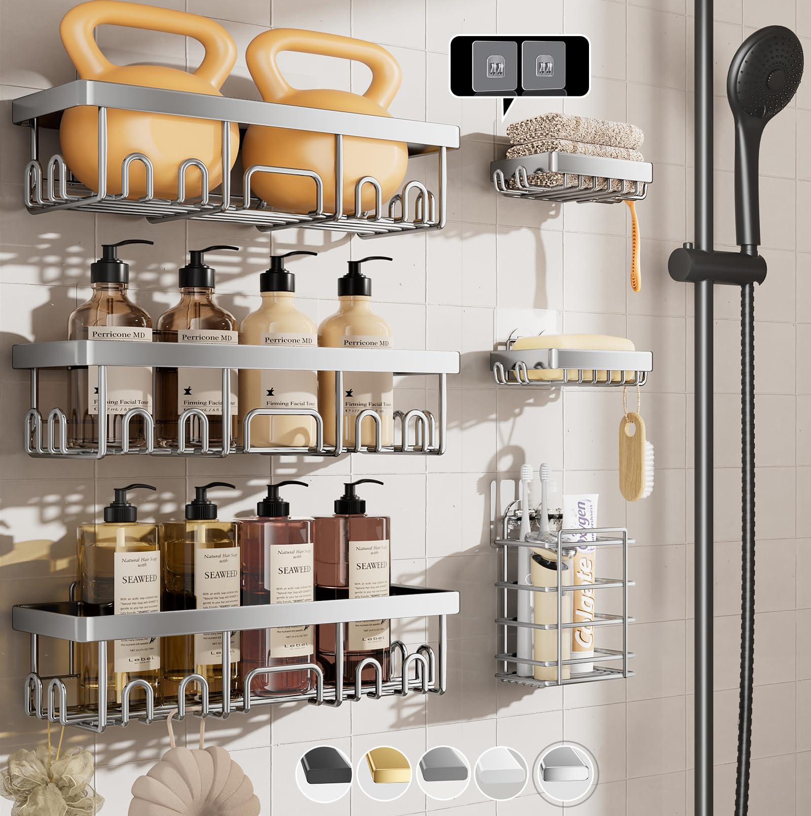 Veken Shower Caddy 6-Pack over-toilet keeps essentials within easy reach.