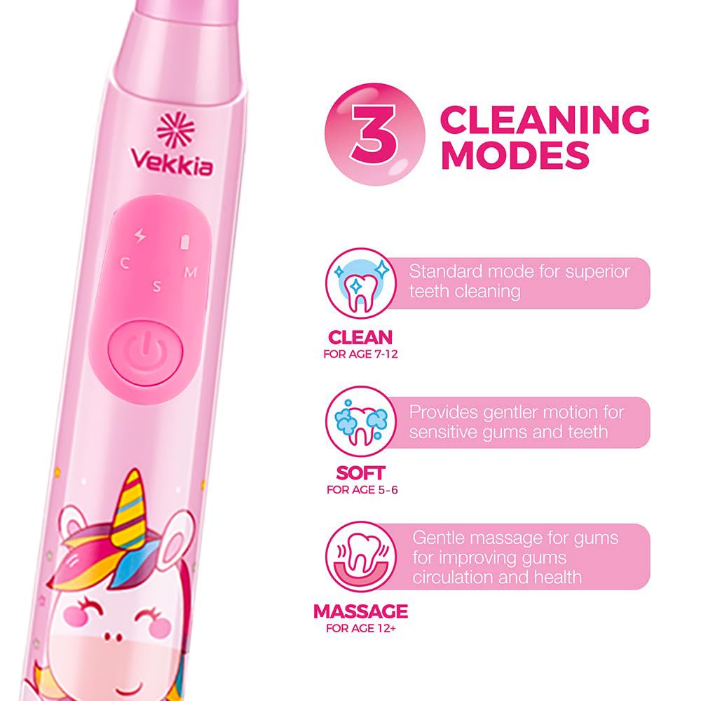 Vekkia Sonic kids toothbrush pink bristle detail with gentle cleaning design.