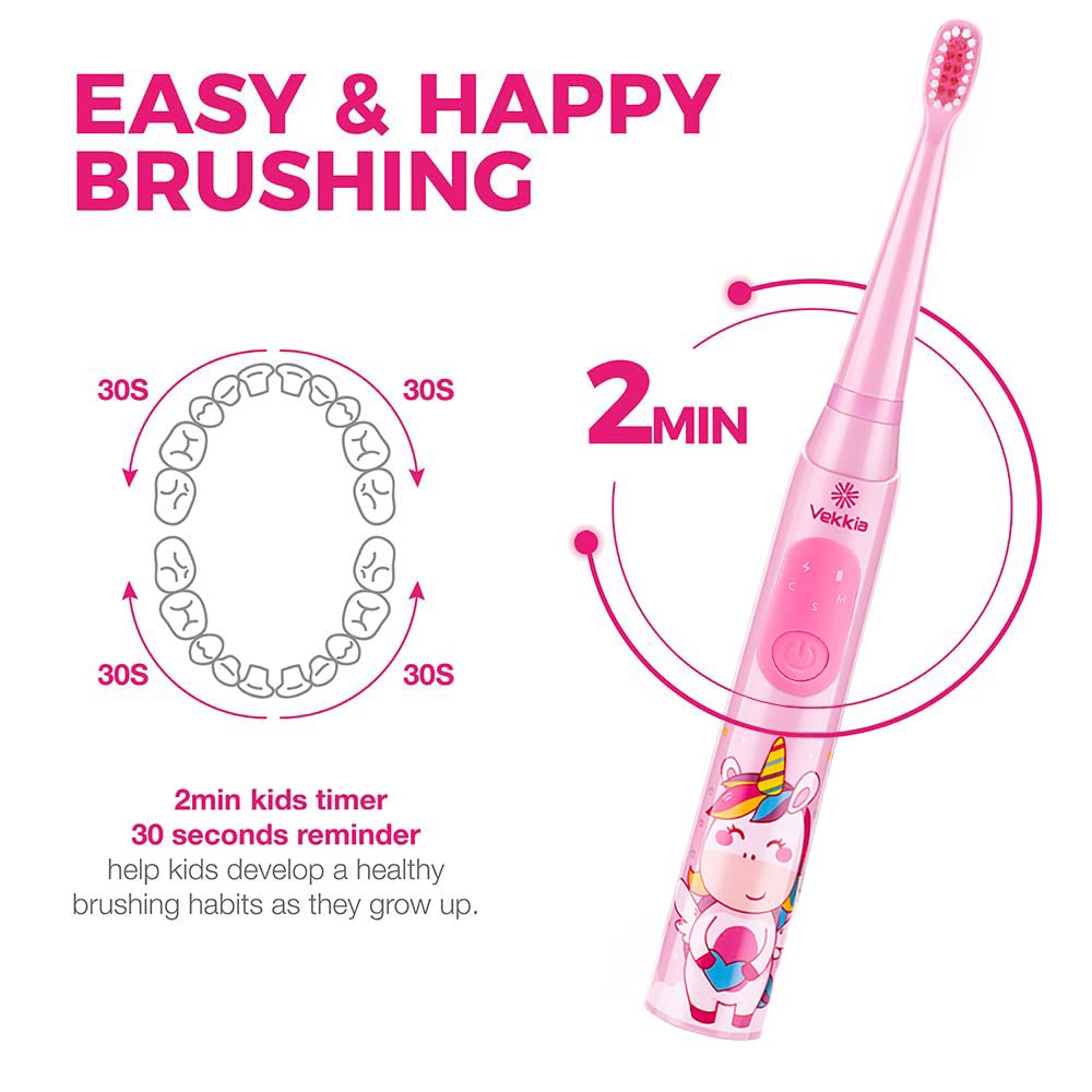 Vekkia Sonic kids toothbrush pink charging base for quick recharge.