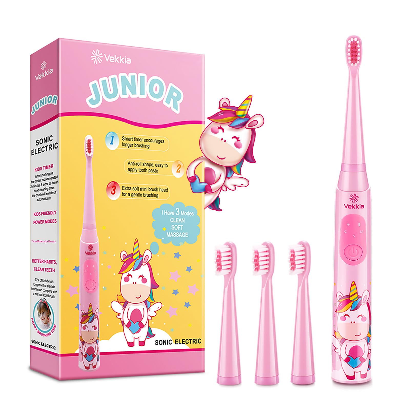 Vekkia Sonic kids toothbrush pink front view, compact handle for small hands.