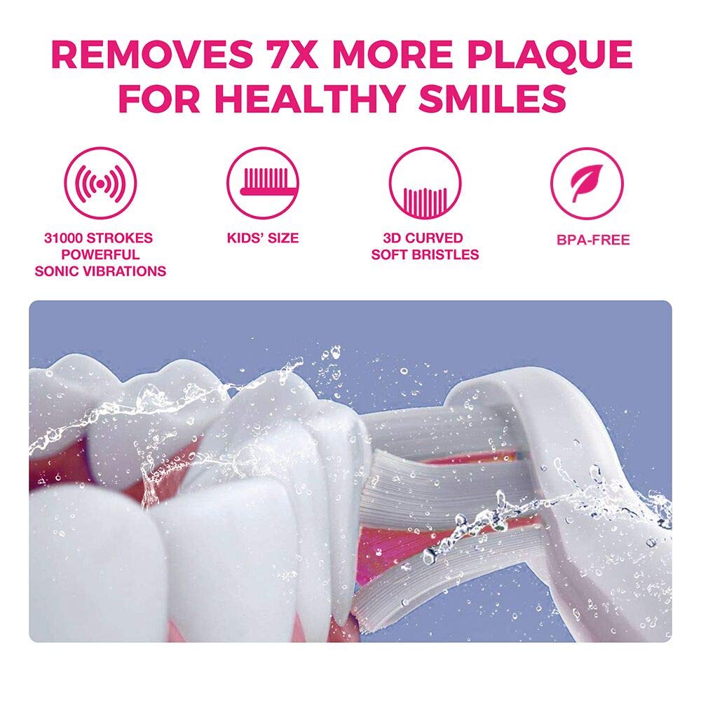 Vekkia Sonic kids toothbrush pink ergonomic handle in use, easy grip.