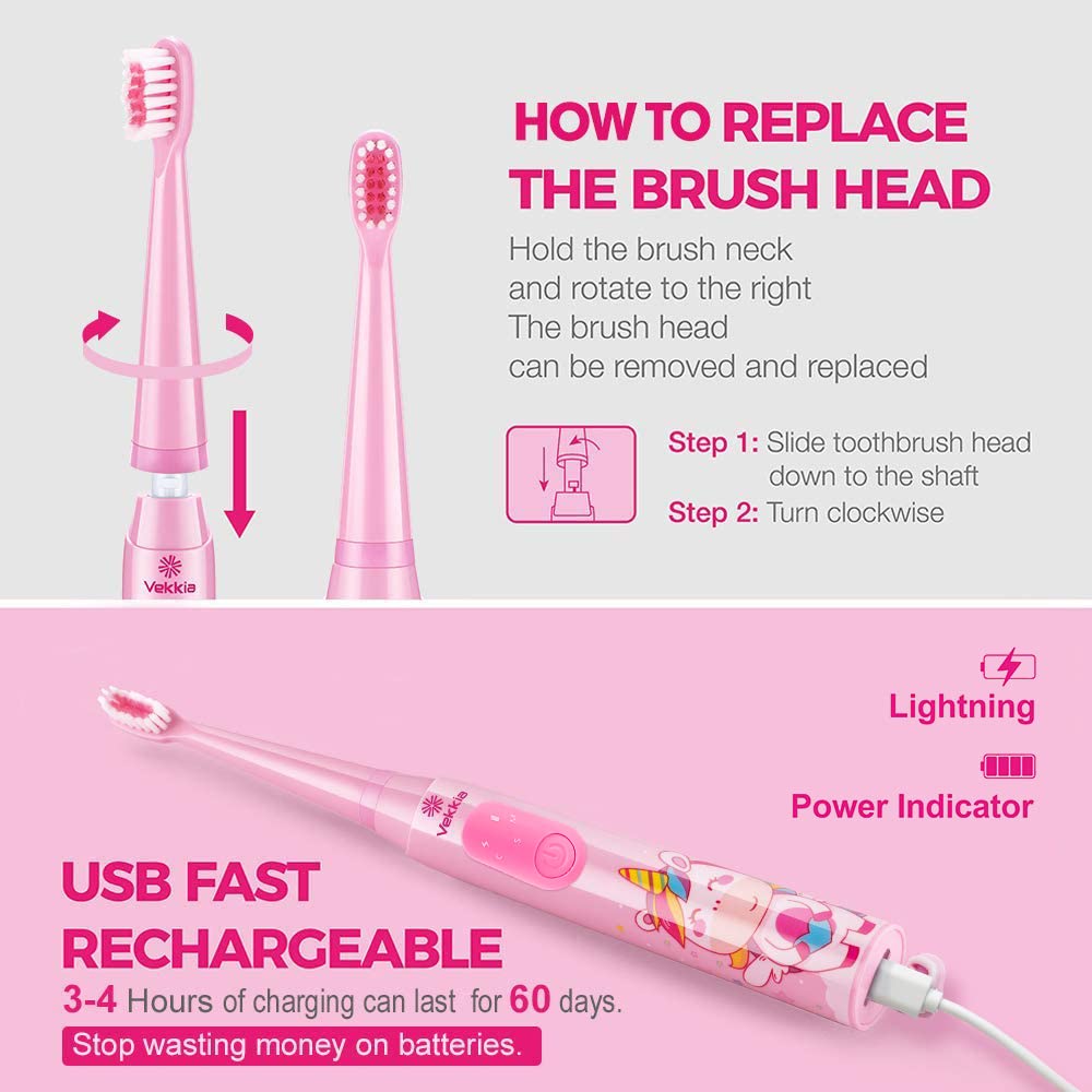 Vekkia Sonic kids toothbrush pink head close-up showing 3D soft bristles.