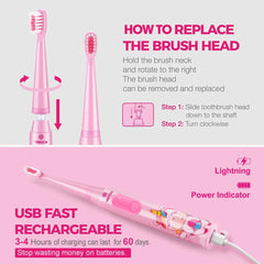 Vekkia Sonic kids toothbrush pink head close-up showing 3D soft bristles.