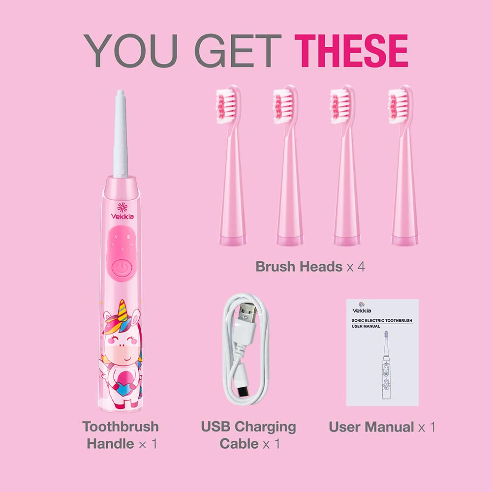 Vekkia Sonic kids toothbrush pink in-use scene with child brushing.