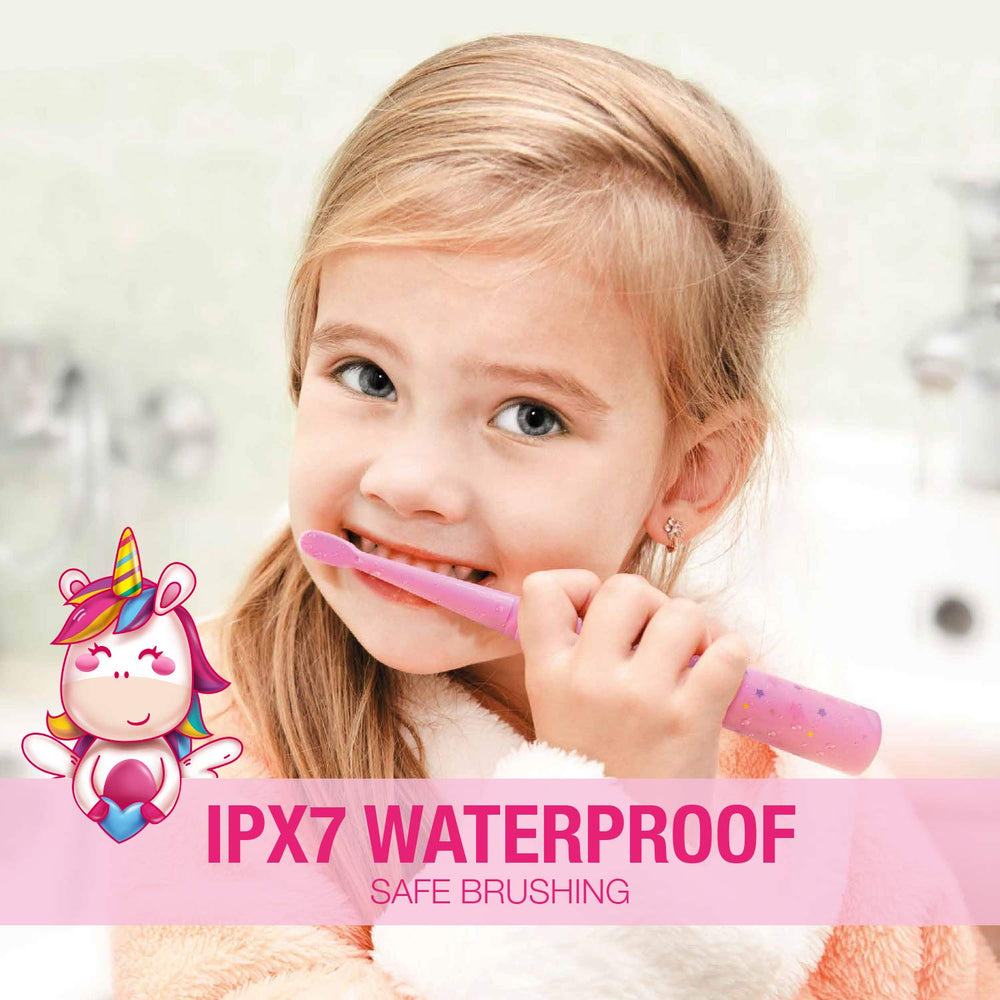 Vekkia Sonic kids toothbrush pink IPX7 waterproof design for splash-safe cleaning.