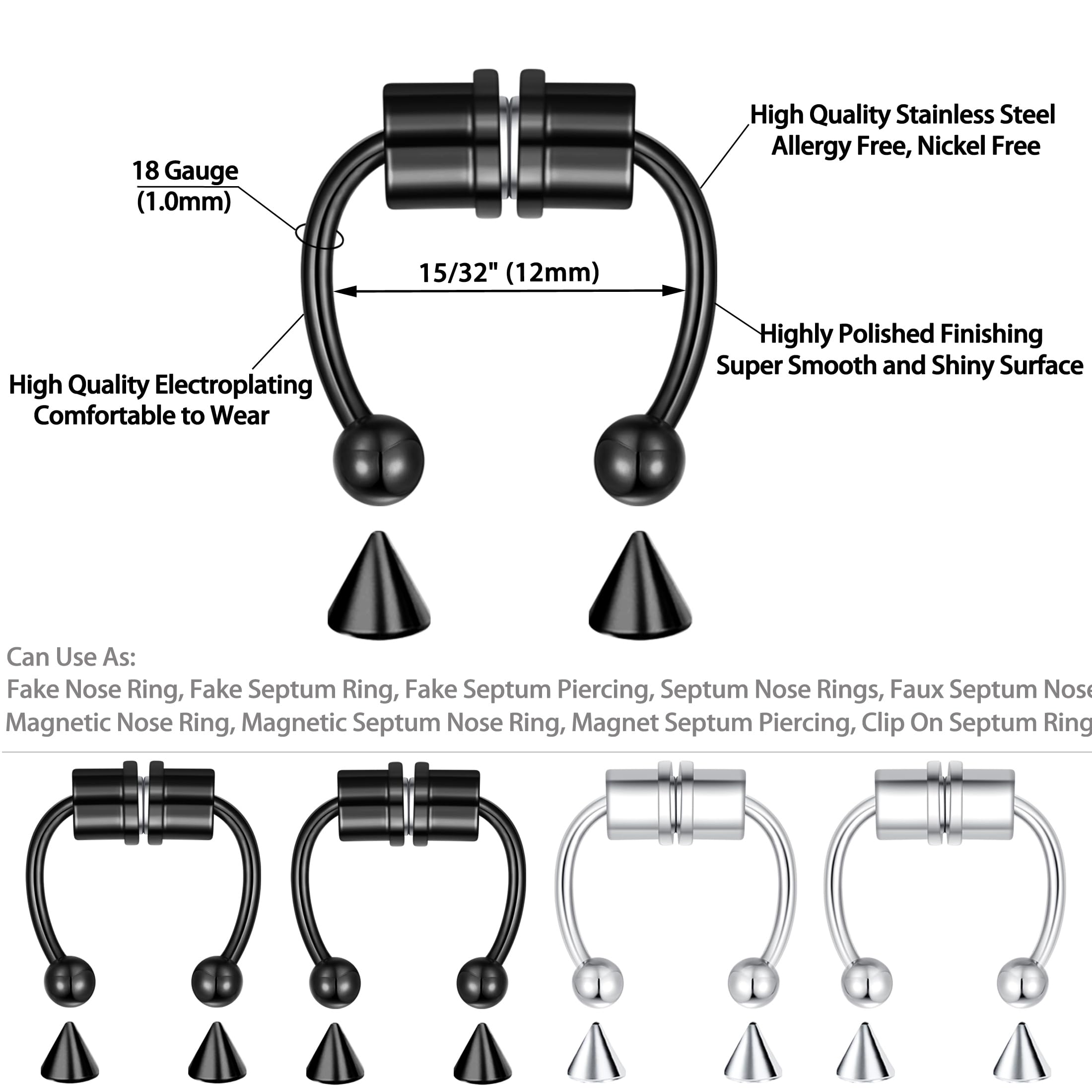 VELCARE fake nose ring black clip-on closeup showing secure non-piercing option.