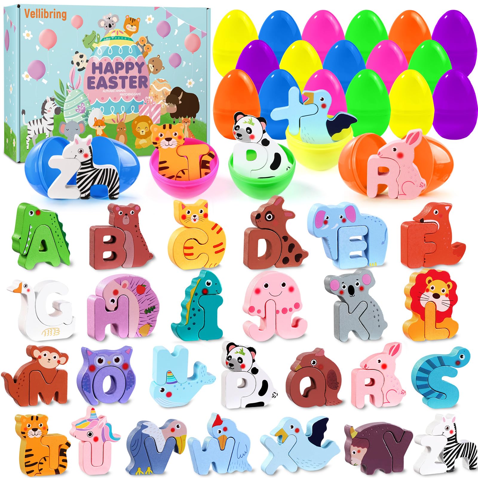Vellibring 26-pack Easter eggs reveal animal alphabet puzzles for early learning.