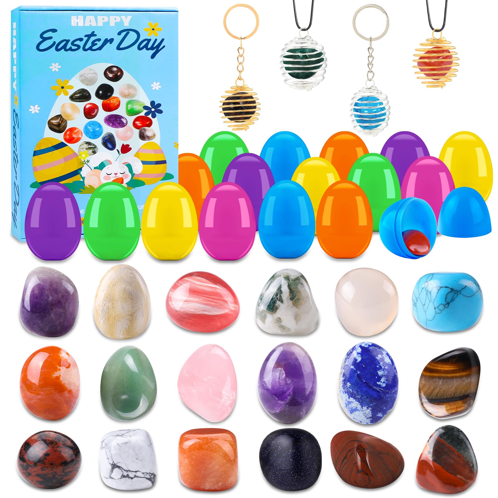 Vellibring gemstone eggs package showing the complete set for sharing during Easter egg hunts.