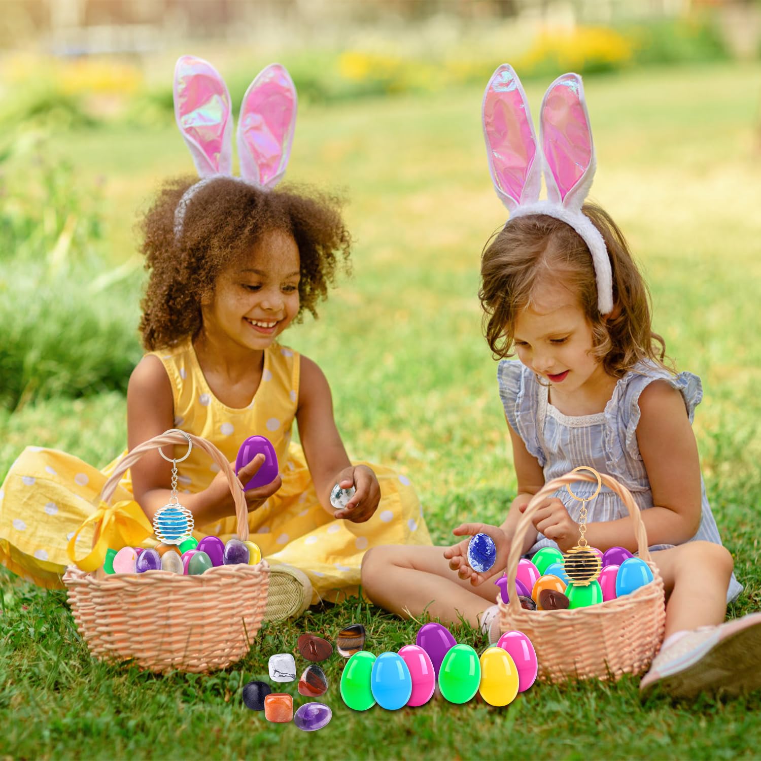 Vellibring Easter hunt scene with bright eggs and hidden crystals.