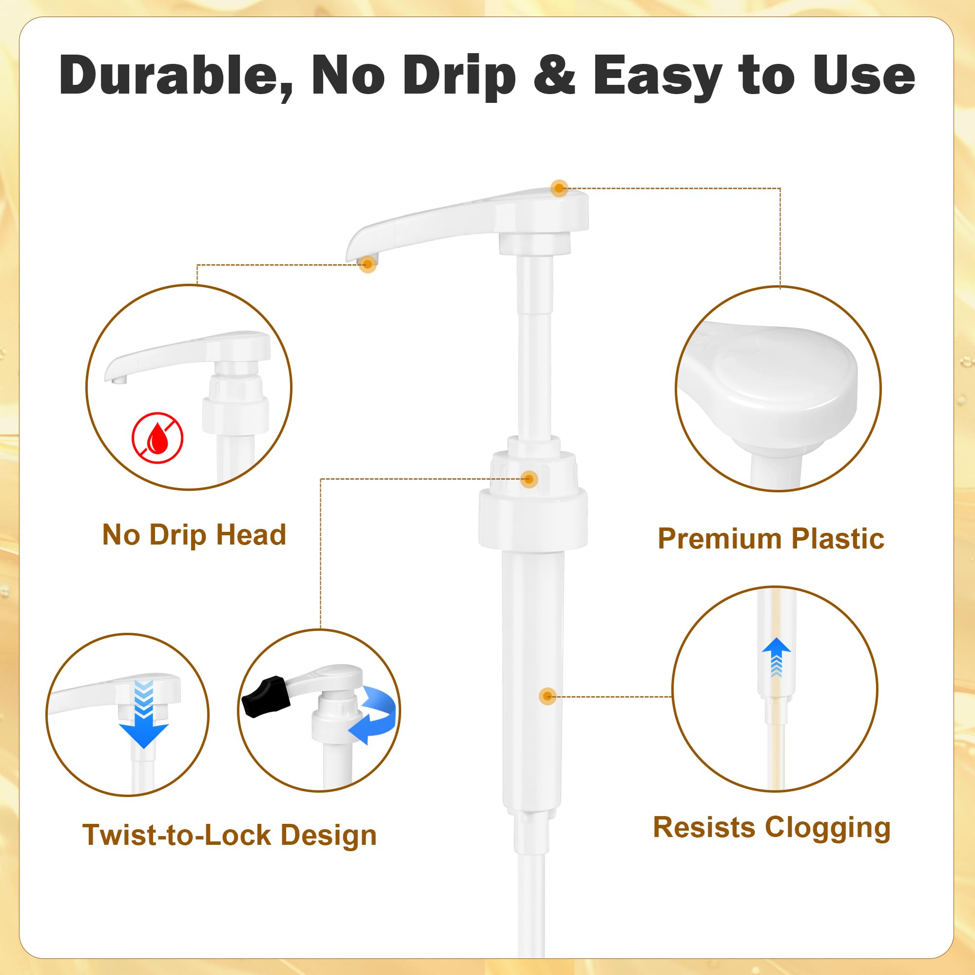 Durable plastic construction resists clogging with thick syrups for daily use.