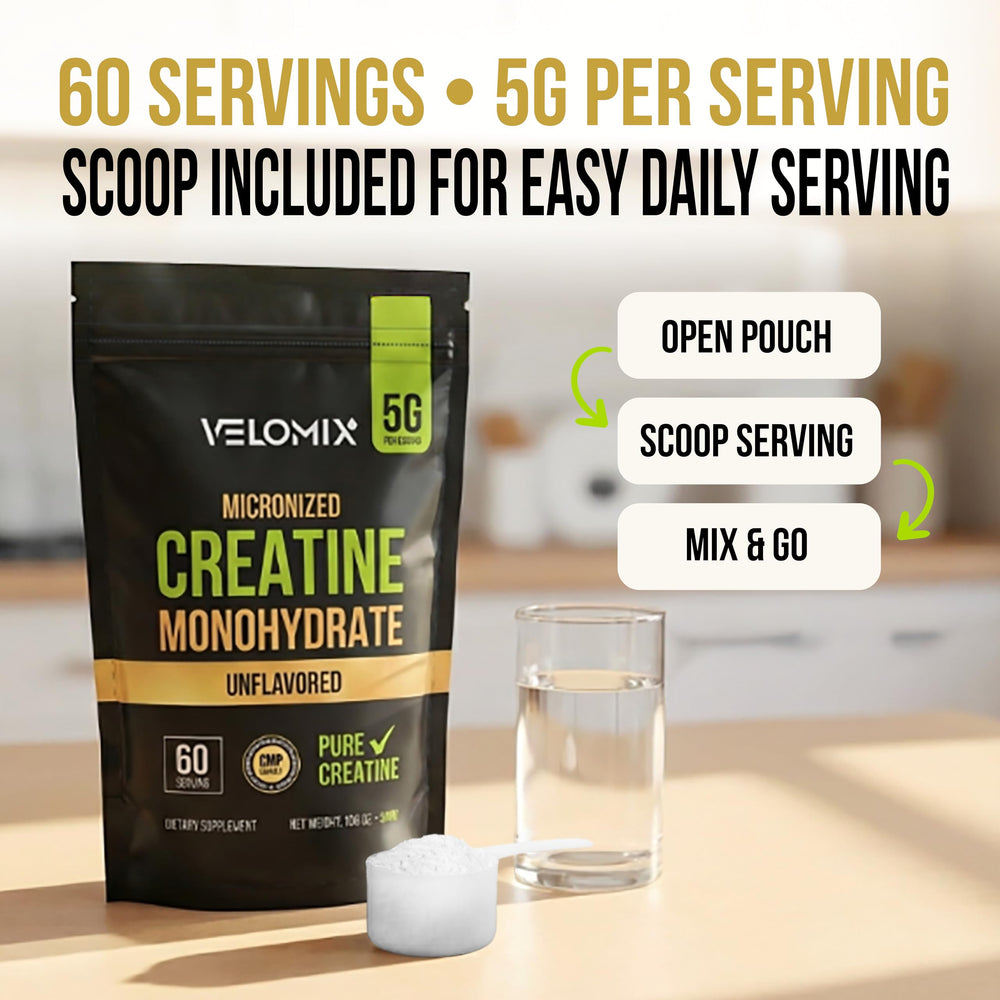 Micronized VELOMIX creatine powder delivering a no-grit mixing experience