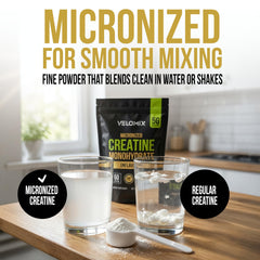 VELOMIX micronized creatine dissolving in water with smooth blend