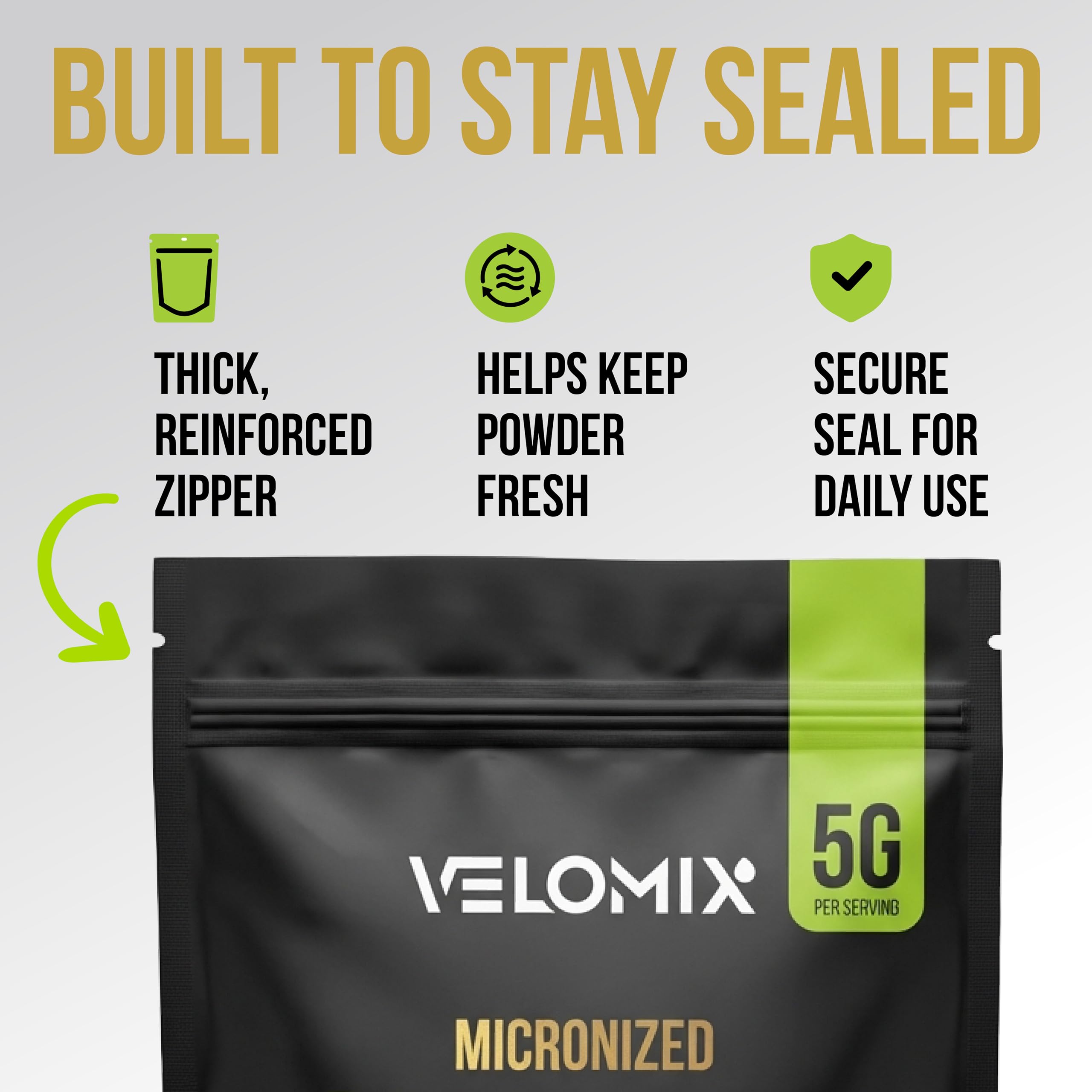 Packaging from a GMP-certified USA facility for VELOMIX creatine powder