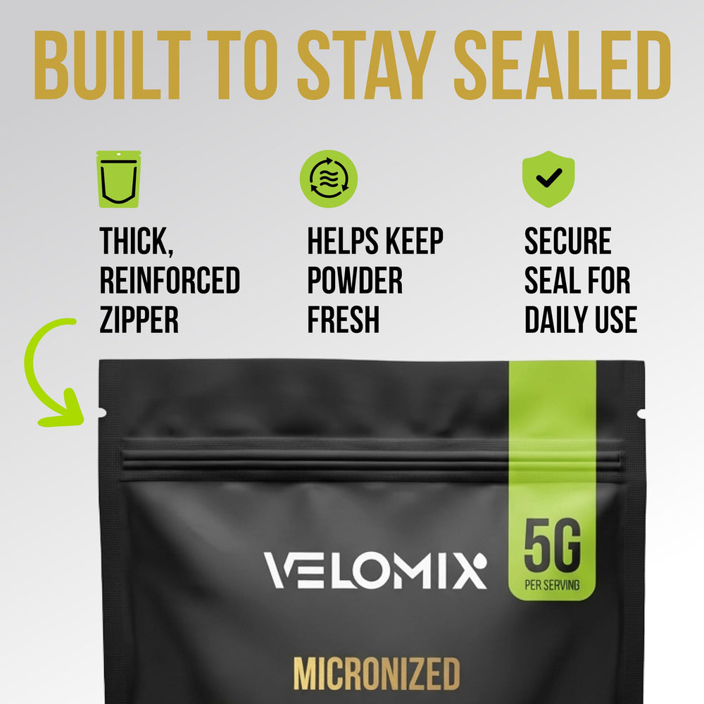 Packaging from a GMP-certified USA facility for VELOMIX creatine powder
