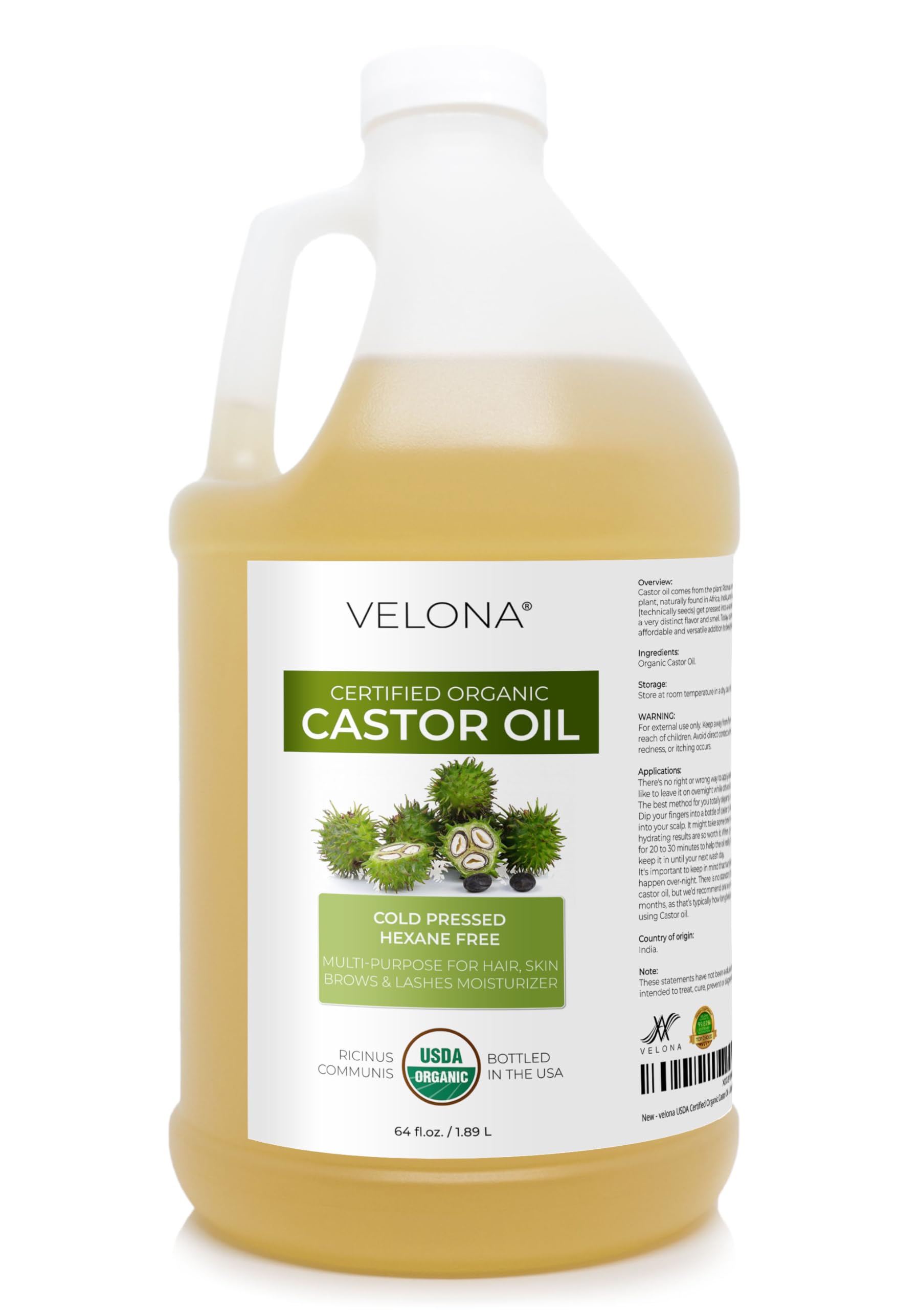 Velona castor oil 64oz bottle for deep hydration and shine.