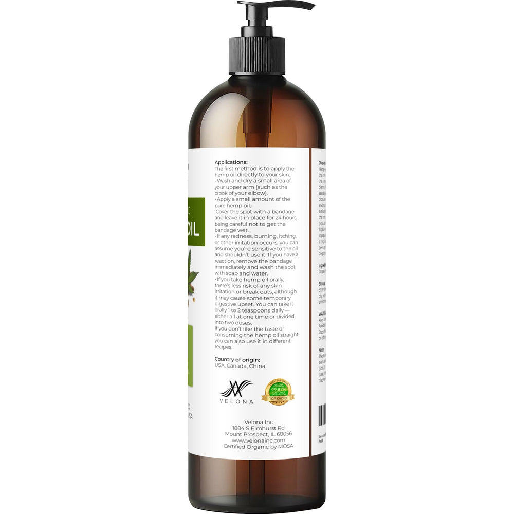 Velona Hemp Seed Oil label highlights USDA Organic certification