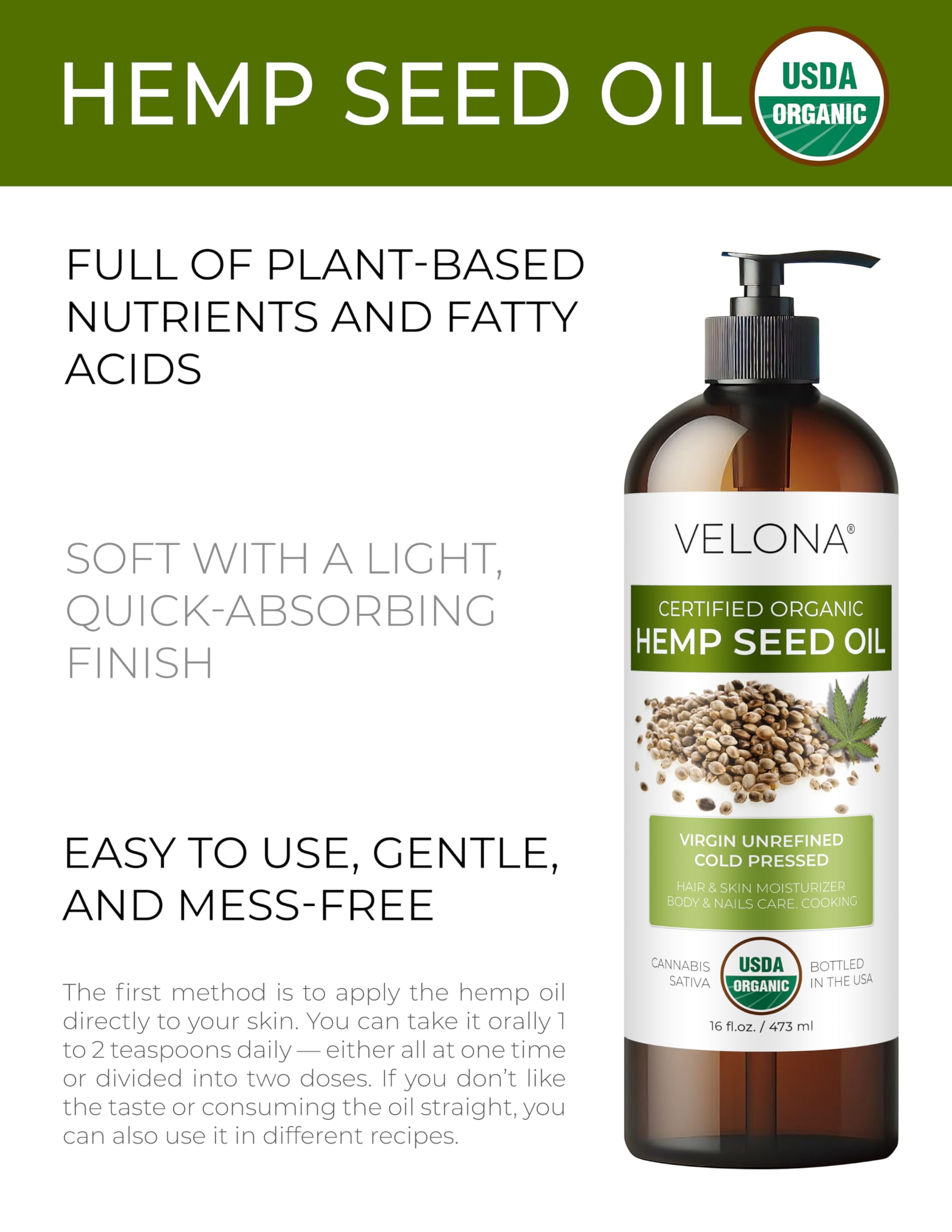 Velona Hemp Seed Oil pour demonstrates smooth flow for skincare or meals