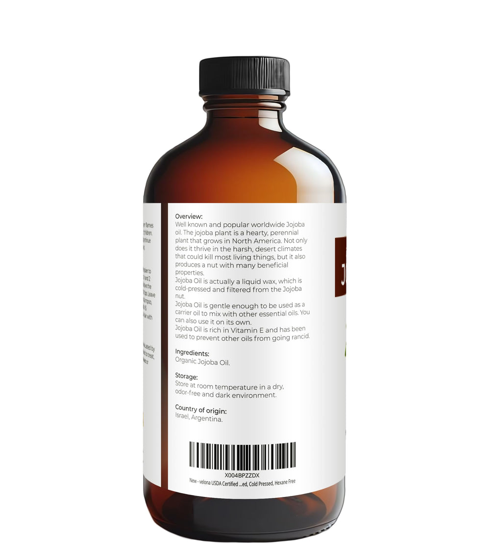 Velona Jojoba Oil amber glass bottle emphasizes premium, hexane-free care